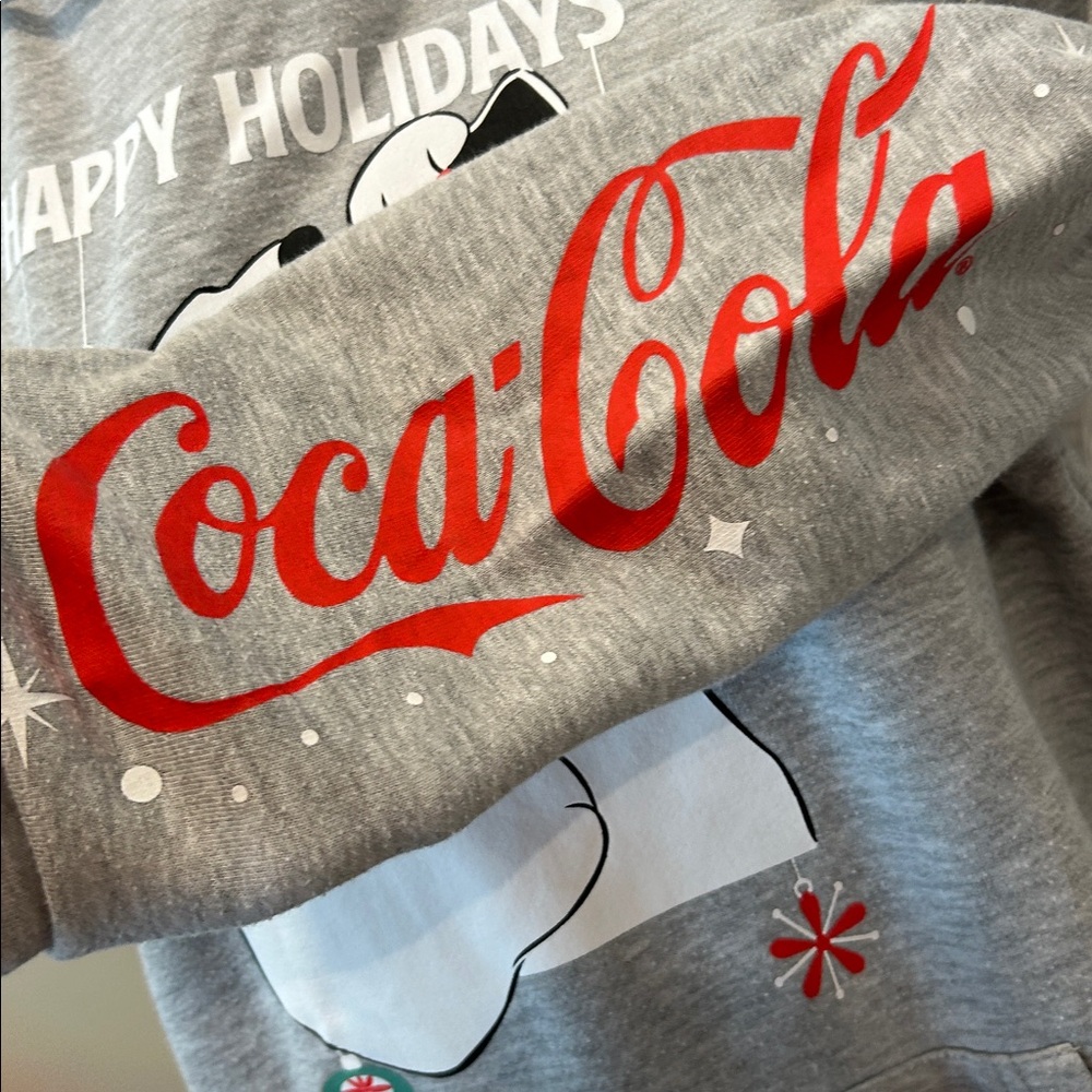 VTG Coca-Cola Sweatshirt Polar Bear Hoodie Mens Gray Christmas Happy Holidays - Picture 7 of 12